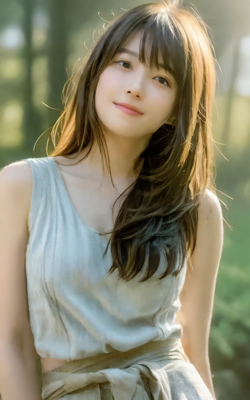 photo realistic, surreal, cinematic lighting, 32,000, 1 woman, (depressed:1.2), shy smile, backlight, brightly shining light, (improve quality:1.4), (Top quality real textured skin:1.4), eye for detail, A face depicted in detail, medium hair, hair blowing in the wind, forehead, tank top, skirt, (Increases skin texture and beauty:1.1), matte texture, foggy morning forest,