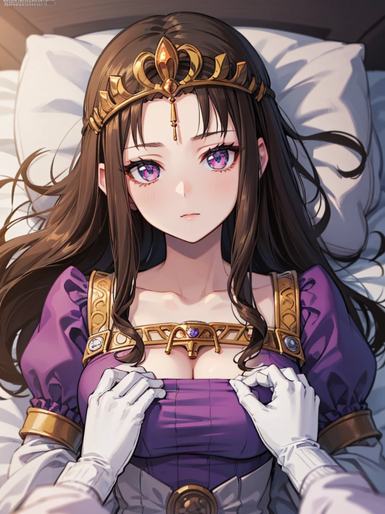((Front face)),((upper body)),Anime art style,masterpiece,(Dark brown hair), (Very detailed),(Very delicate and beautiful),(alone),(((( pov)))),(Detailed face and eyes),Beautiful eyes like jewels,(Purple blouse),(((Mature Woman,Queen))),((1 Queen in a beautiful)),((crinoline)),(((Long Straight Hair))),(Very beautiful mature woman),,length_gloves,hair accessory,Sparkling,((Lying in bed))