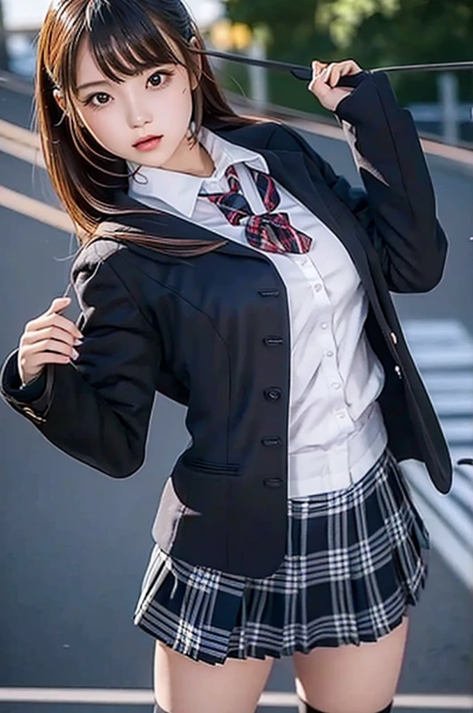 Top quality, high image, 1 woman, 18 years old, school stairs, black jacket, Medium breasts,white blouse,(plaid miniskirt), cotton panties,upskirt,from below1.3