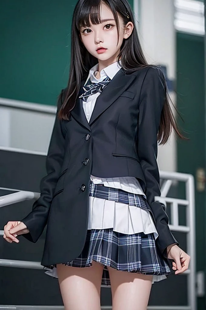 Top quality, high image, 1 woman, 18 years old, school stairs, black jacket, Medium breasts,white blouse,(plaid miniskirt), cotton panties,upskirt,from below1.3