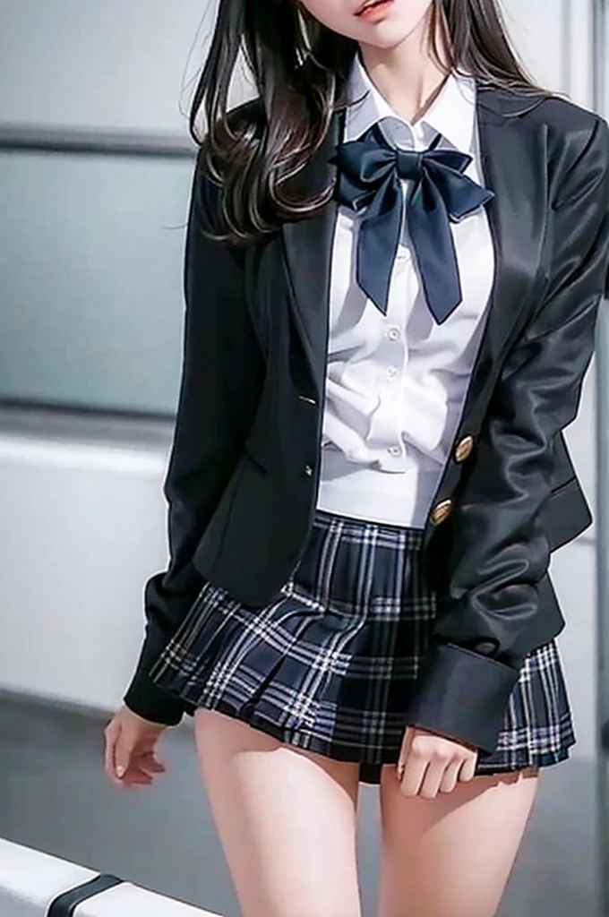 Top quality, high image, 1 woman, 18 years old, school stairs, black jacket, Medium breasts,white blouse,(plaid miniskirt), cotton panties,upskirt,from below1.3