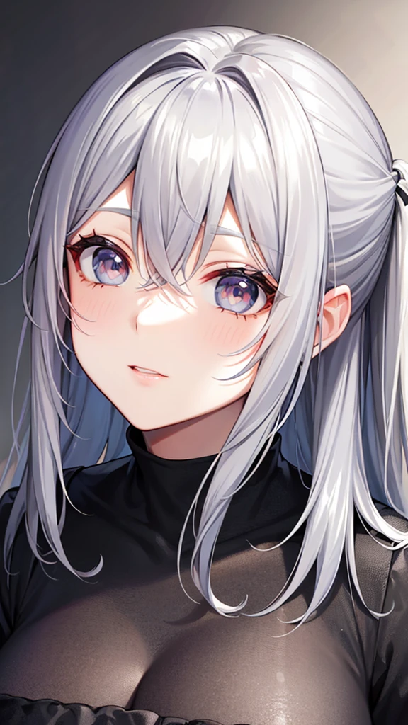 Greige hair color. Looking up with gray eyes. Black dress