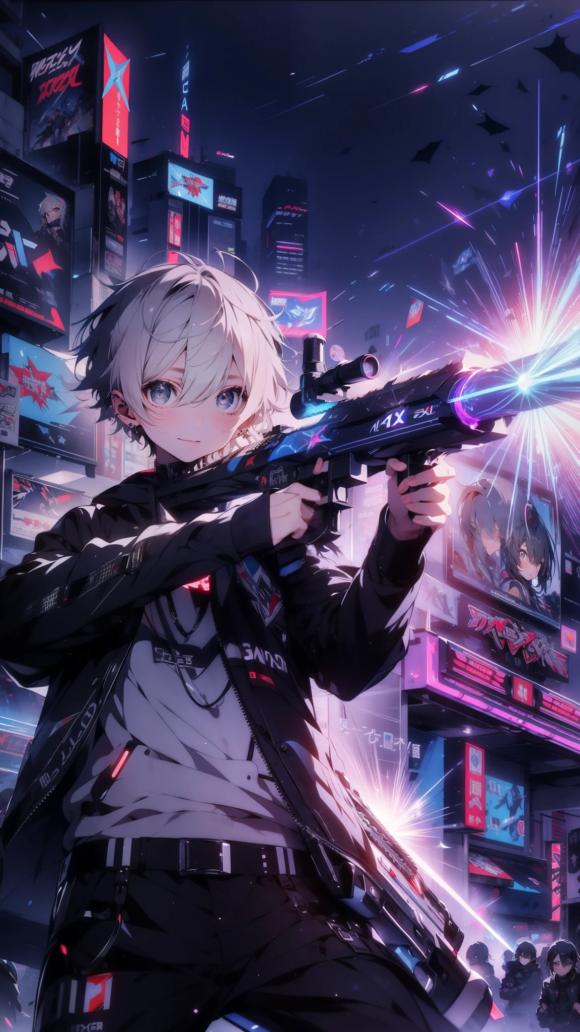 A stylish teenager, boy, (grey hair), (blue eyes), bathed in the glow of a pixelated explosion on a giant arcade screen, ((aims a laser tag rifle at an unseen enemy)). Abstract digital patterns dance across the screen, blending with the teenager's outfit. Action movie scene, high-tech weapons, futuristic vibe, abasterpiece)), ((best quality)), ultra detailed,((illustration)), dynamic angle, detailed light, (delicate eyes), (ahoge:0.8),apathy, ray，frontage，style of anime4 k， 4k anime wallpaper， badass anime 8 k， 4 k comic wallpaper