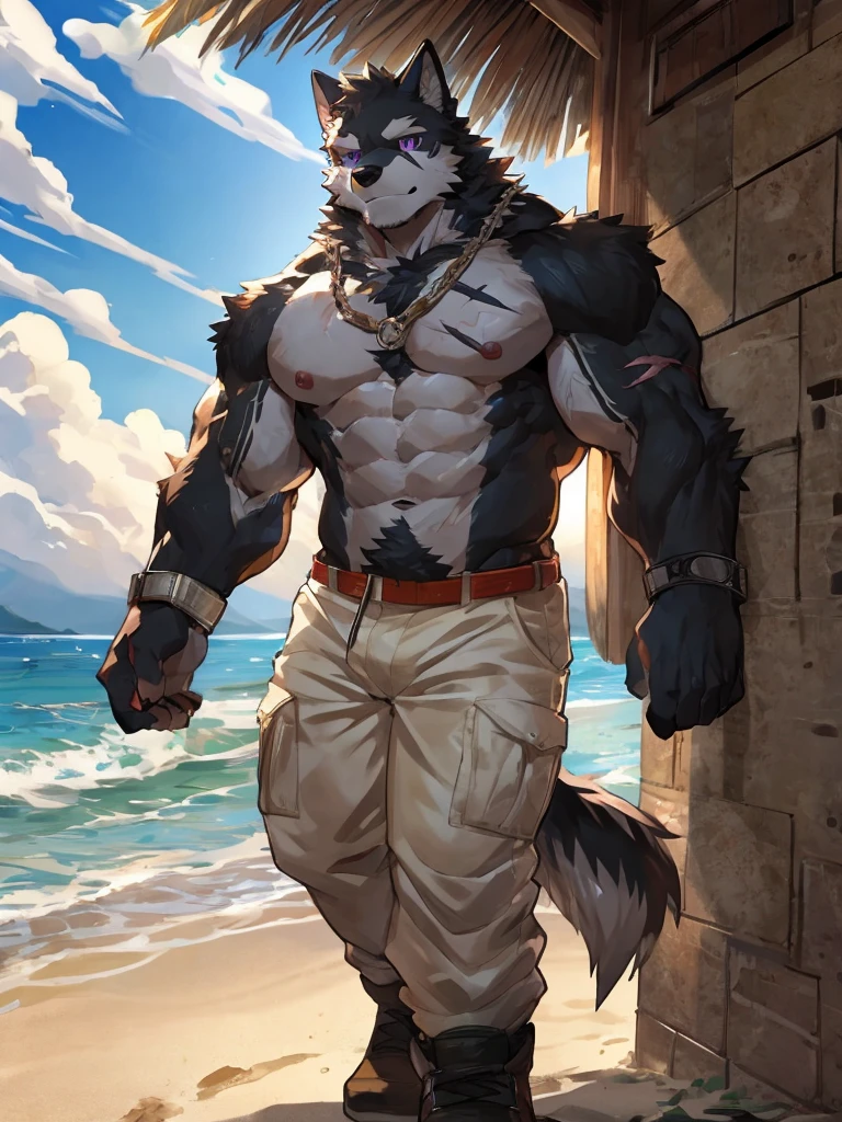 embedding:black wolf, male,purple eyes,Scar on the face, scar on the body,Single Person,beach pants,Mature, Beach background,The highest quality of scene detail,adult,Tall and powerful,muscle，Best quality hands, best quality eye，detailed fur，Delicate eyes.Extreme picture quality，by sollyz,by zixiong,by milkytiger1145