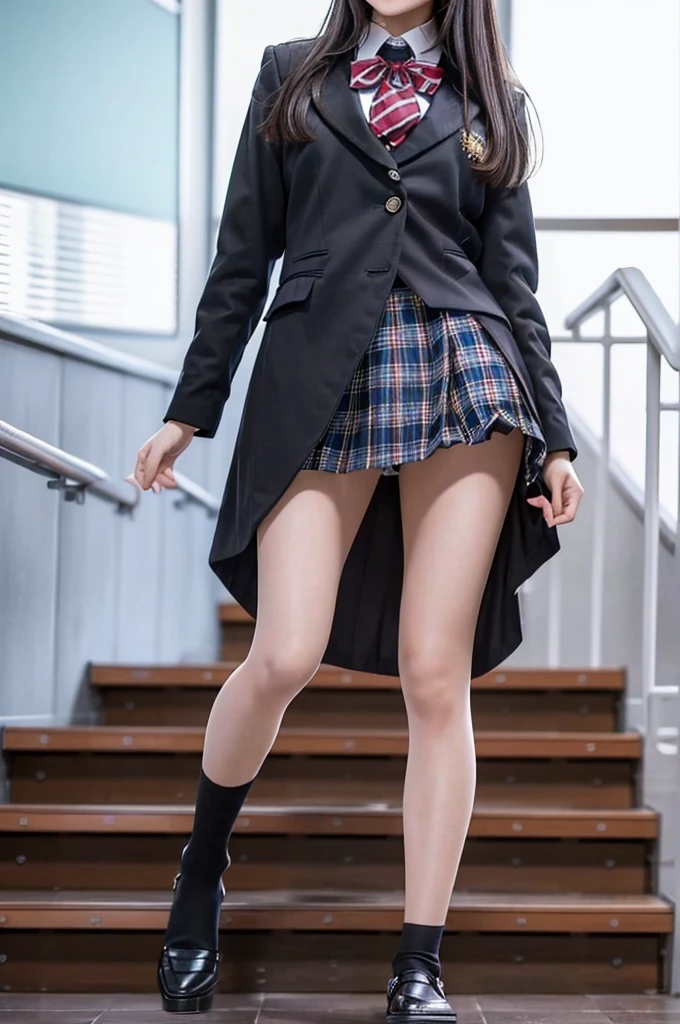 Top quality, high image, 1 woman, 18 years old, school stairs, black jacket, Medium breasts,white blouse,(plaid miniskirt), cotton panties,upskirt,from below1.3