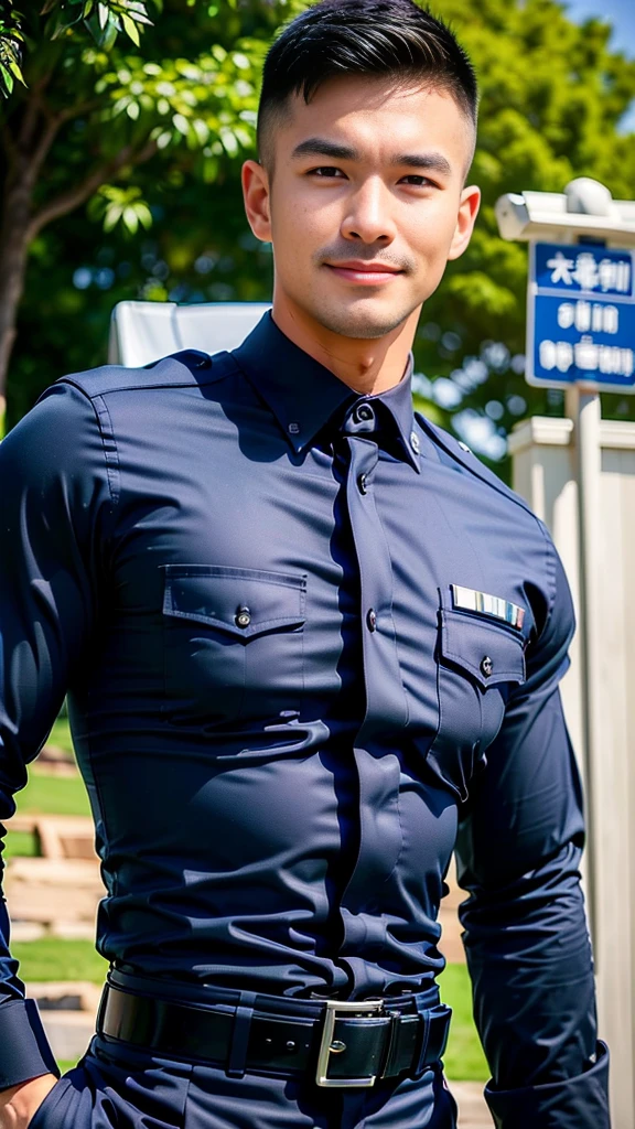 
(Create a masterpiece: 1.2),(CGI art:1.3),(realistic:1.5),(After processing:1.3),(Sharp focus:1.3),10,1 man, smile, (Wear a navy blue police shirt.),  Korean guy , korean men, (High gloss details), chest muscles, large arm muscles, blood vessel, Big muscles, Broad shoulders, looking at the audience, Balancing the eyes, forest, mountain, (Make eye contact)
