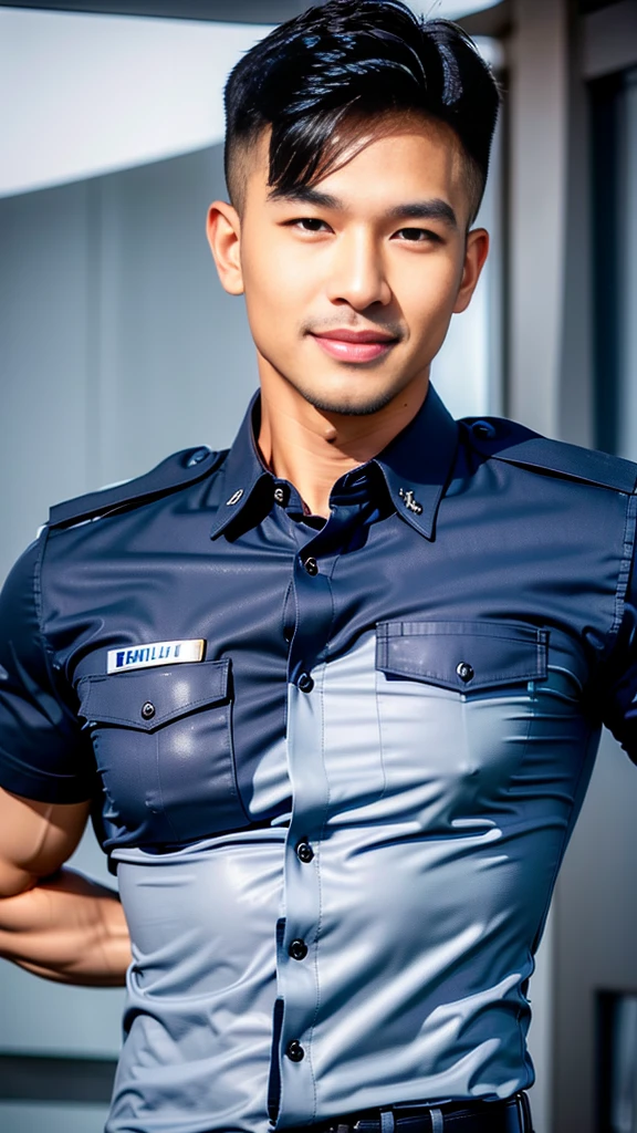 (Create a masterpiece: 1.2),(CGI art:1.3),(realistic:1.5),(After processing:1.3),(Sharp focus:1.3),10,1 man, smile, (Wear a navy blue police shirt.), Korean guy , korean men, (High gloss details), chest muscles, large arm muscles, blood vessel, Big muscles, Broad shoulders, looking at the audience, Balancing the eyes, forest, mountain, (Make eye contact)