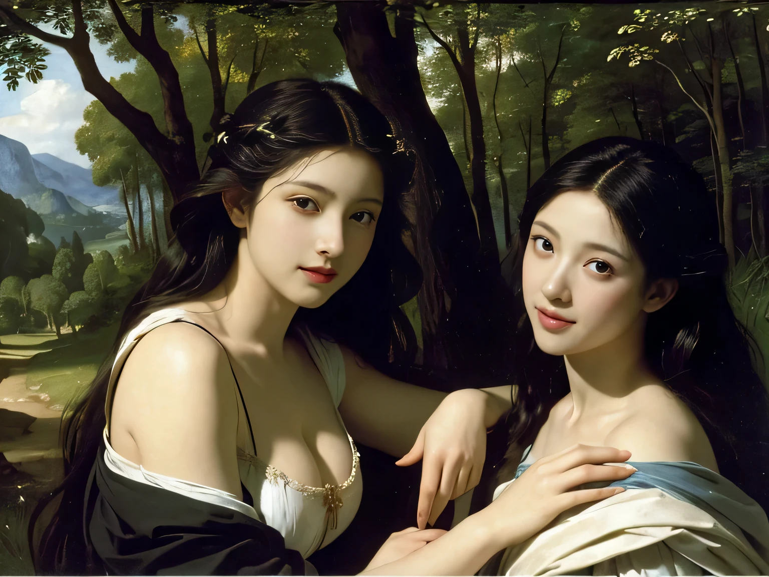 Giorgione painting style,Barbizon forest A beautiful woman in Greek dress smiles on the shore,Sweet and seductive appearance.、Caravaggio's paintings、Chiaroscuro of Caravaggio、hair tousled by the wind,Two women frolicking,cute smile, expression of ,Sexy,erc, fuy portrait