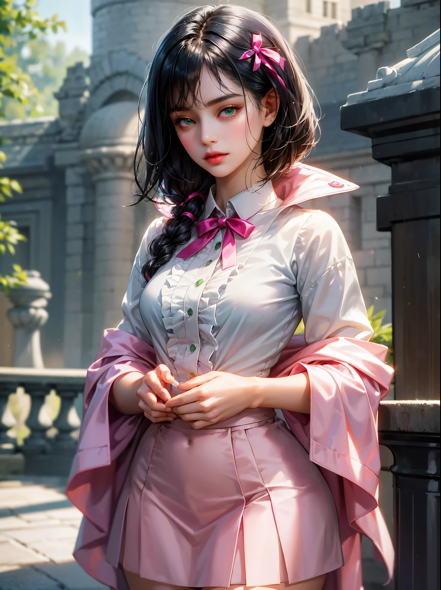 A girl, medium black hair with fringe, small breast, green eyes. She wears a white shirt with a fuchsia ribbon, a fuchsia jacket, grey short skirt. Beautiful girl, detailed eyes, detailed face, detailed hands. She looks at the viewer. Full figure. Background a castle