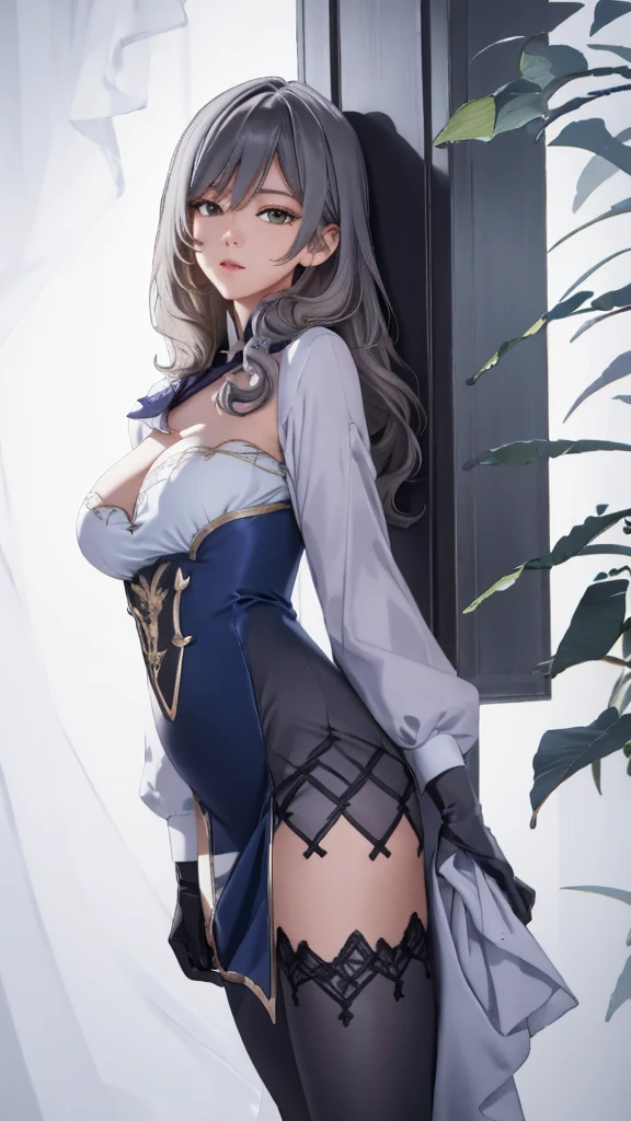 random angle image, brush drawing image, half body close portrait image, beautiful busty Asian female , aged 20, soft skin colour, flowing long grey hair, wearing white slim fit short maid dress with stockings, dynamic pose, grey smoke lines behind, white background, 8K resolution