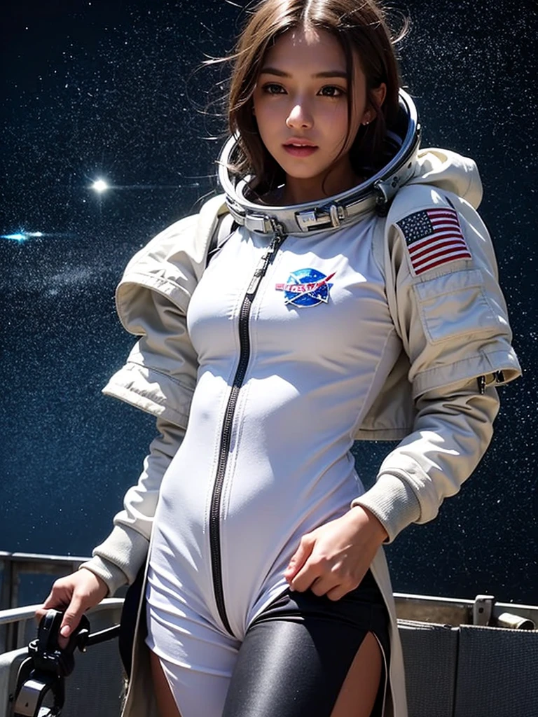 (smile)、(((Staring at the audience)))、((Wearing a space suit standing on the moon)),wear spacesuits, 白いDressed in an astronaut costume, Cute girl in a tank top, girl in space, In space, (((Dressed in an astronaut costume))), woman astronaut, ((Open stance on the moon))、((Sexy young woman's body:1.4))、(dance)、((White bikini shorts))、Large bust、
