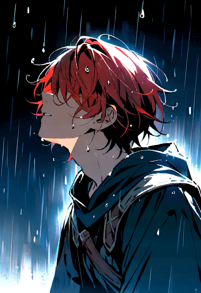 Male Character, teenager, centralized character, short red hair, male medieval clothing, dark clothes, neutral facial expression, no eyes, eyes do not appear, hair covering eyes, body sideways, face sideways, face is looking up, looking up at the sky, head is looking up, character wet by rain, tears in the rain, dark background, night, raining, raindrops, cold colors, dark colors, sad