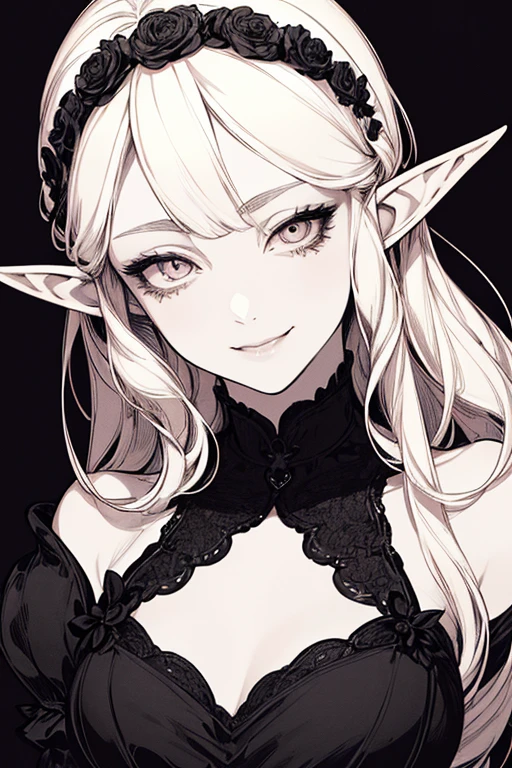 Highest quality, (Background details), High Contrast, Very beautiful woman, Detailed original illustrations、functional、Elf、Platinum Blonde Hair、Sundress、Delicate face、attractive、Villainess、sexy、Real breasts、Crazy Smile, Crazy Eyes,  Head close-up, Black background, (Black background: 1.5), Beautiful line art、Monochrome