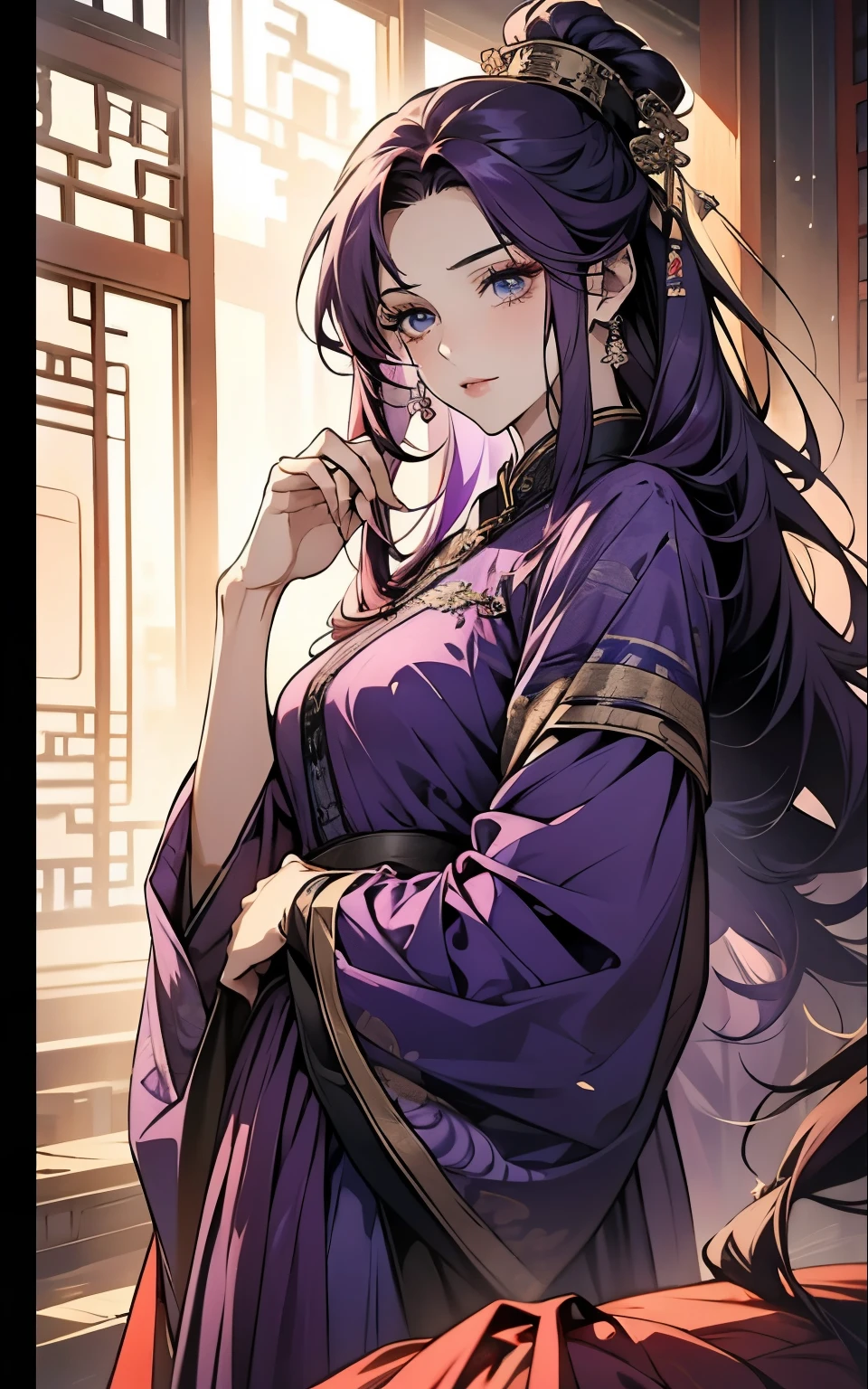 1 middle-aged women, (45 years old), long purple hair, blue eyes, chinese clothes, (!PURPLE! clothes, ultra long skirt ), purple chinese room, portrait