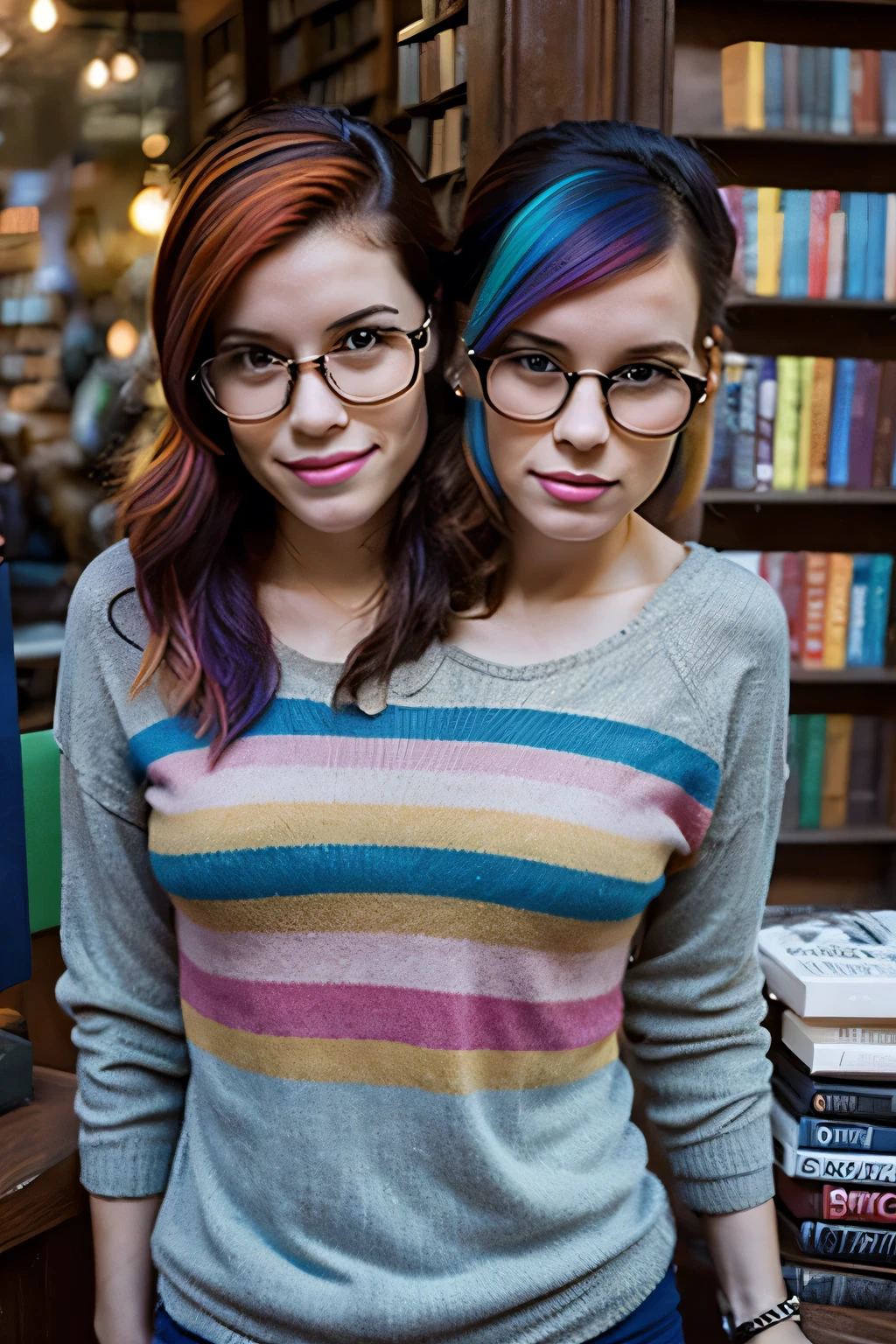 2heads, female couple, age 28, two heads on one body, conjoined, one torso, hipsters, multicolored hair, hipster fashion, at a bookstore