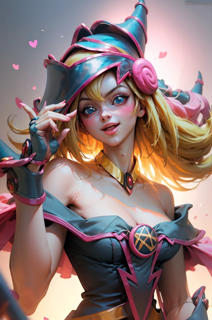 Create the beautiful face of dark magician gils. blue eyes. pink lips. white tea. blond hair. girl smile. Uncovered shoulders. Necklace on the neck. dark wizard gils face. His hands make the sign of peace and love. Peace and love in your hands.