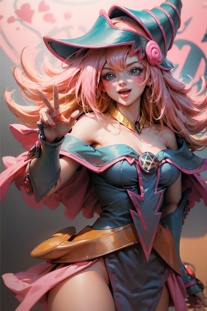 Create the beautiful face of dark magician gils. blue eyes. pink lips. white tea. blond hair. girl smile. Uncovered shoulders. Necklace on the neck. dark wizard gils face. His hands make the sign of peace and love. Peace and love in your hands. 