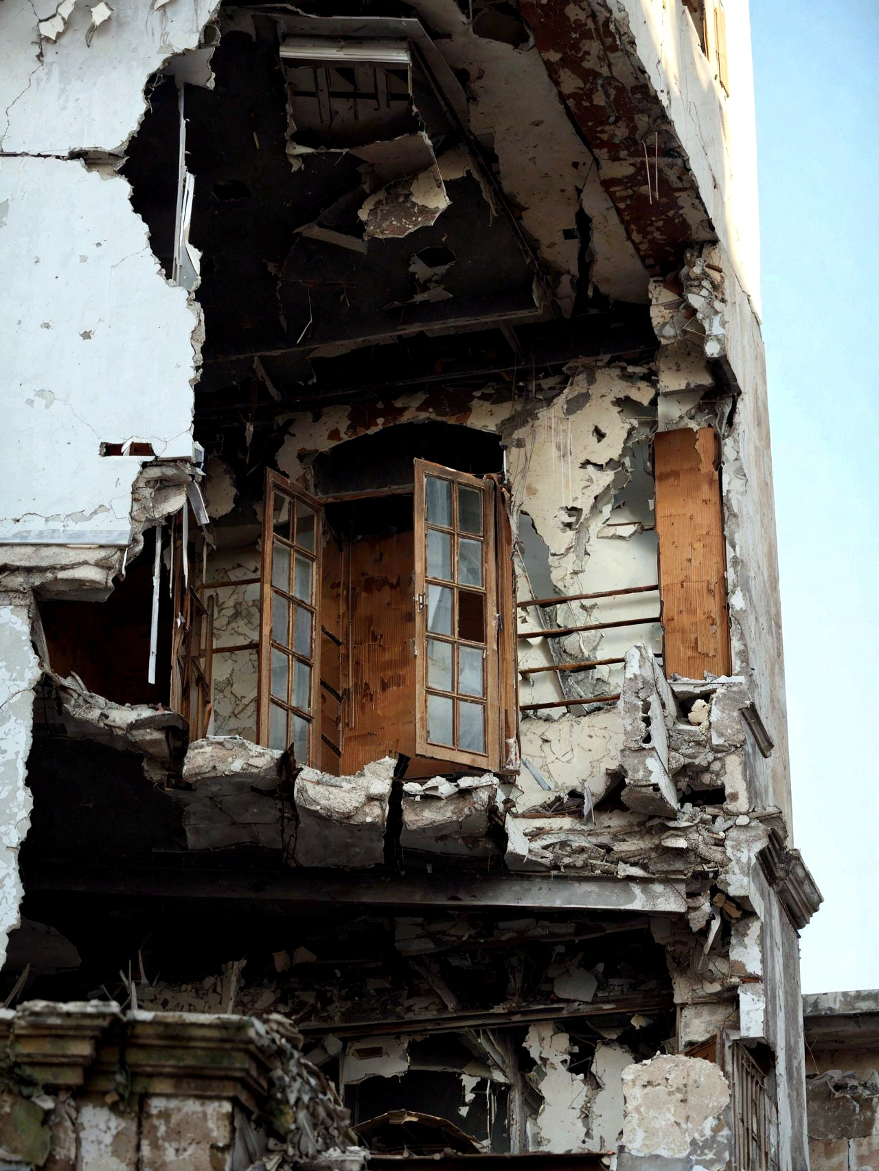 arafed building with a broken window and a broken door, building crumbling, crumbling buildings, crumbling, damaged buildings, building destroyed, damaged structures, collapsed building, destroyed buildings, broken buildings, crumbling ruins, big impact hit on the building, destroyed modern buildings, “derelict architecture buildings, wrecked buildings, dilapidated houses, ruined architecture