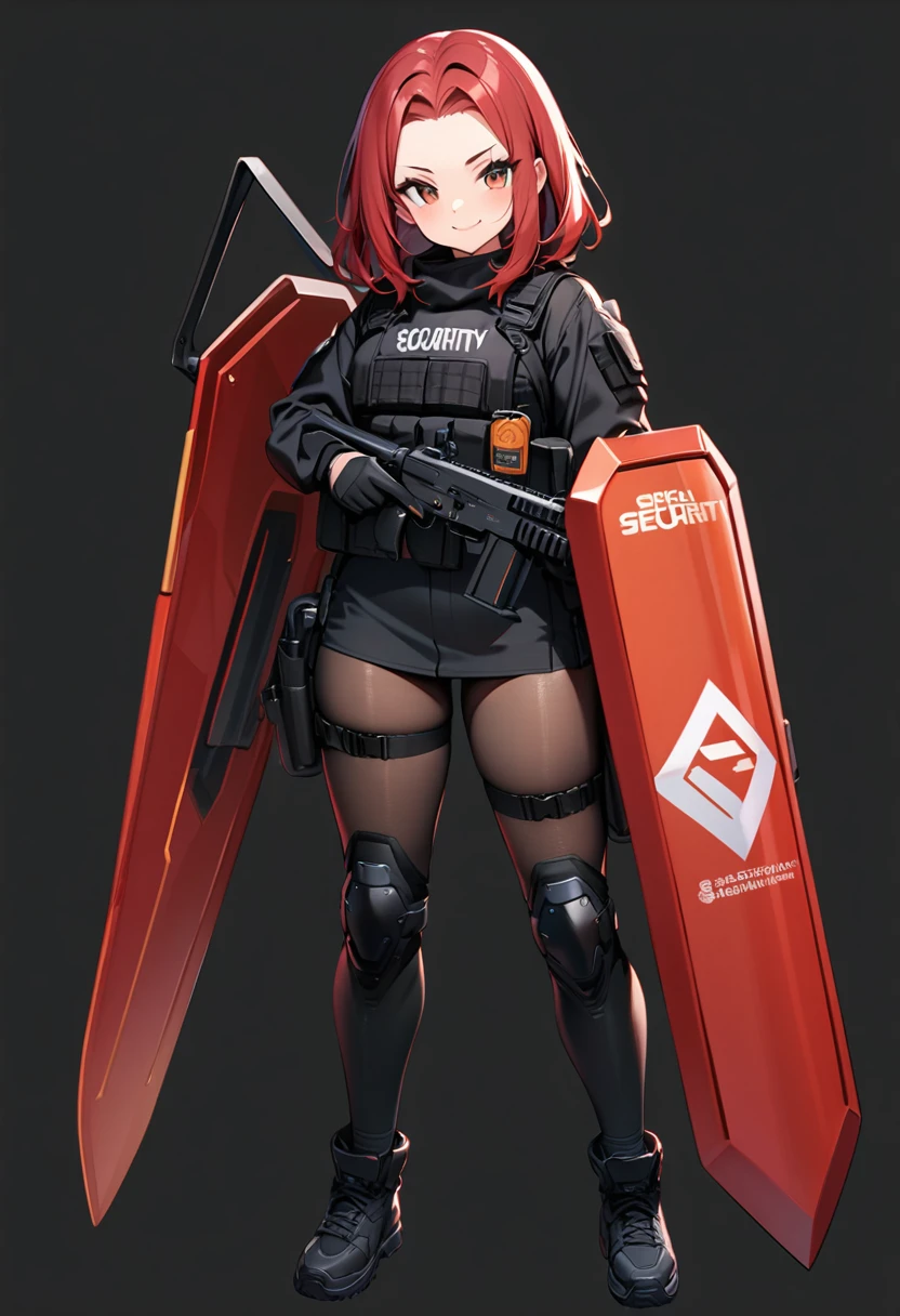 masterpiece, high quality,1 girl, full body, standing, security guard, Special Assault Team, special forces, ((holding large shield)), black wear, modern, cute, smiling, bright, holding gun, forehead, red hair, medium hair, innocent, cute, ((black background)),