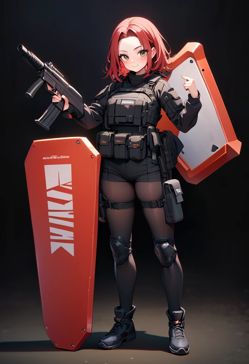 masterpiece, high quality,1 girl, full body, standing, security guard, Special Assault Team, special forces, ((holding large shield)), black wear, modern, cute, smiling, bright, holding gun, forehead, red hair, medium hair, innocent, cute, ((black background)),