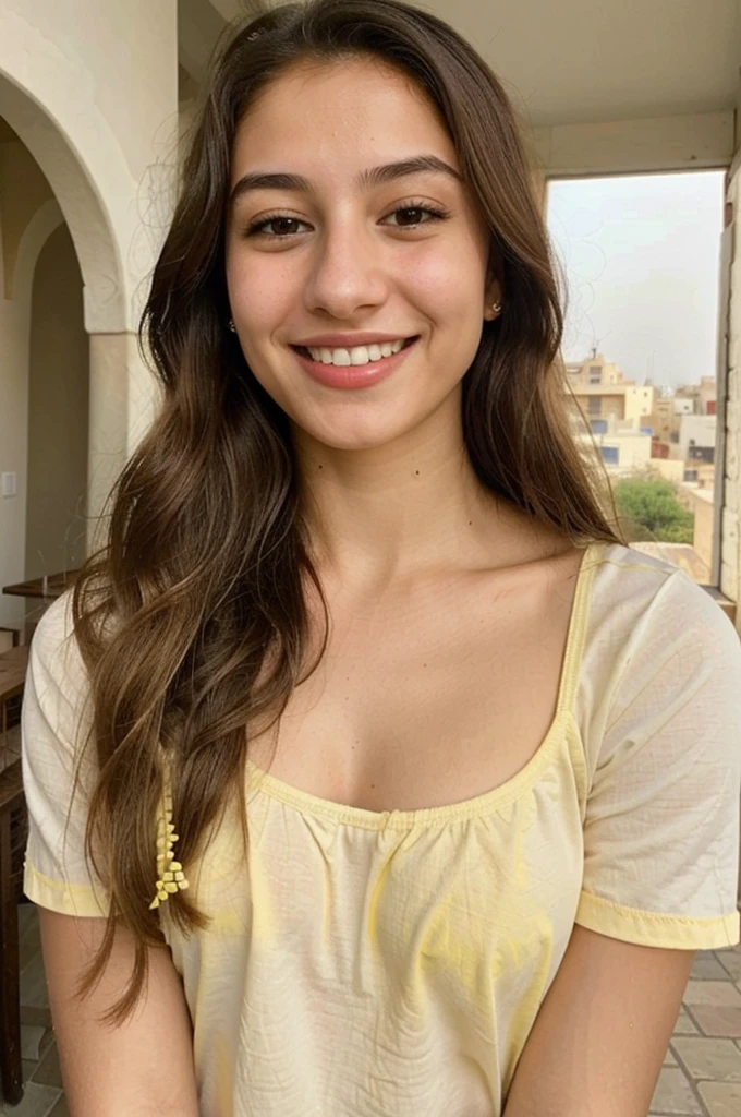 20YO, small nose, one women,attractive, Jordanian, Arab, Bright Yellow shirt, cute smile, cute face, white teethes, skinny face, light brown eyes, black/blonde long hair, modest