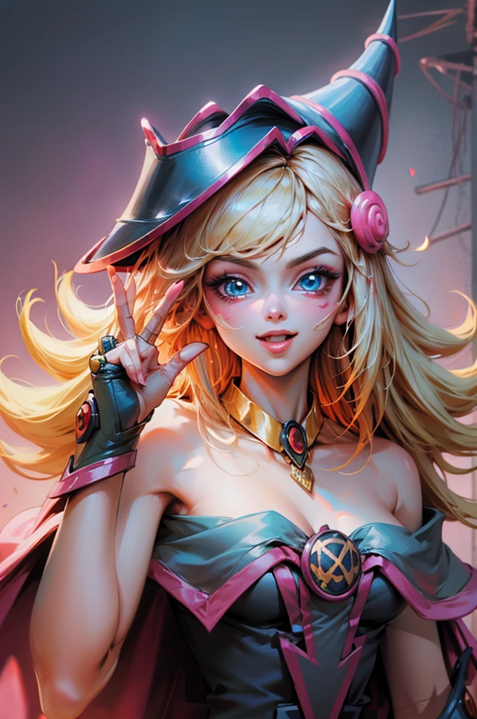 Create the beautiful face of dark magician gils. blue eyes. pink lips. white tea. blond hair. girl smile. Uncovered shoulders. Necklace on the neck. dark wizard gils face. His hands make the sign of peace and love. Peace and love in your hands.