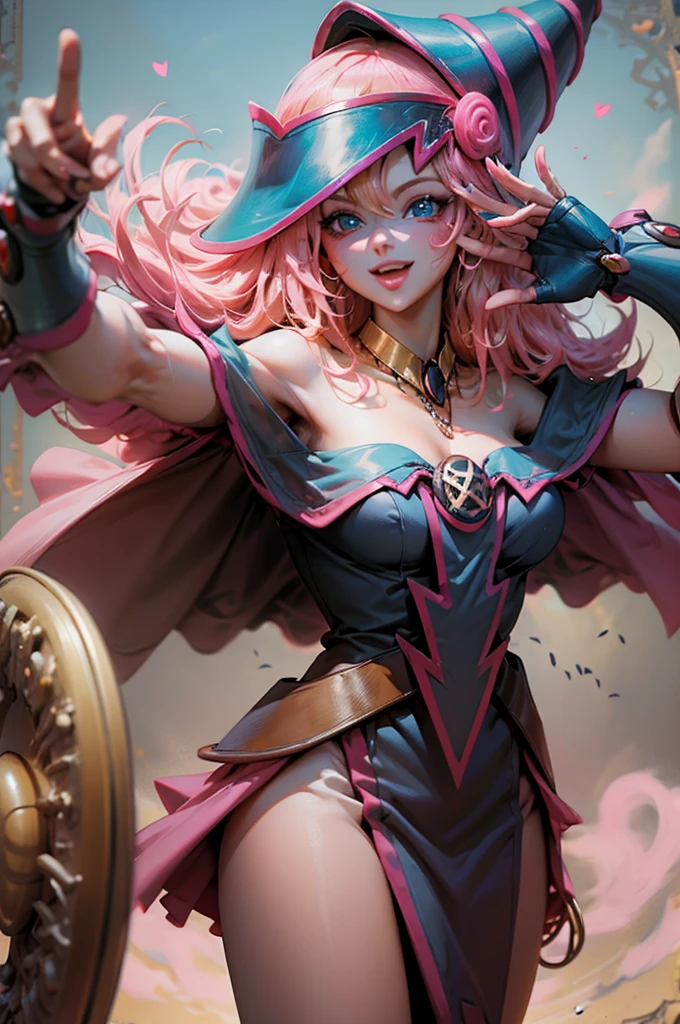 Create the beautiful face of dark magician gils. blue eyes. pink lips. white tea. blond hair. girl smile. Uncovered shoulders. Necklace on the neck. dark wizard gils face. His hands make the sign of peace and love. Peace and love in your hands.