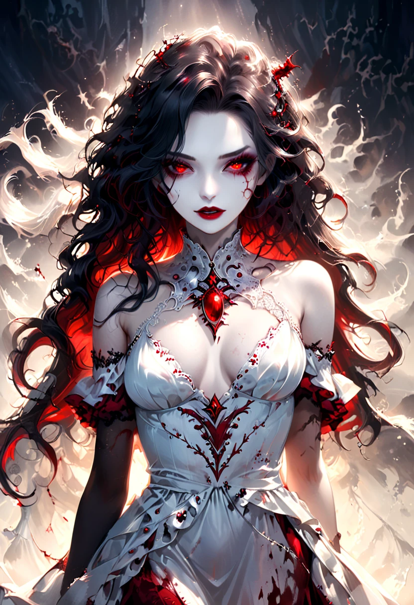 Arafed, dark fantasy art, goth art, a beautiful female vampire wearing a white evening dress stained with blood, an extremely beautiful female vampire, ultra detailed face, black hair, long hair, wavy hair, dark glamour make up, pale skin, red lips, glowing red eyes, visible vampiric fangs, she wears a ((white evening dress: 1.5)), elegant, intricate detailed dress, silk dress, small cleavage, ((dress is decorated with gems: 1.4)), she wears elegant knee high heeled boots, exquisite knee high heeled boots, dynamic background (there are stains of blood on the upper part of the dress: 1.2), Bloodborne