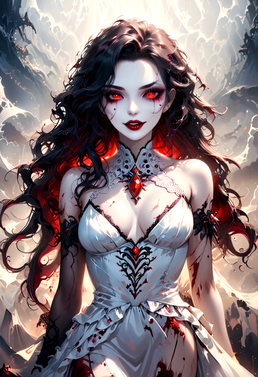 Arafed, dark fantasy art, goth art, a beautiful female vampire wearing a white evening dress stained with blood, an extremely beautiful female vampire, ultra detailed face, black hair, long hair, wavy hair, dark glamour make up, pale skin, red lips, glowing red eyes, visible vampiric fangs, she wears a ((white evening dress: 1.5)), elegant, intricate detailed dress, silk dress, small cleavage, ((dress is decorated with gems: 1.4)), she wears elegant knee high heeled boots, exquisite knee high heeled boots, dynamic background (there are stains of blood on the upper part of the dress: 1.2), Bloodborne