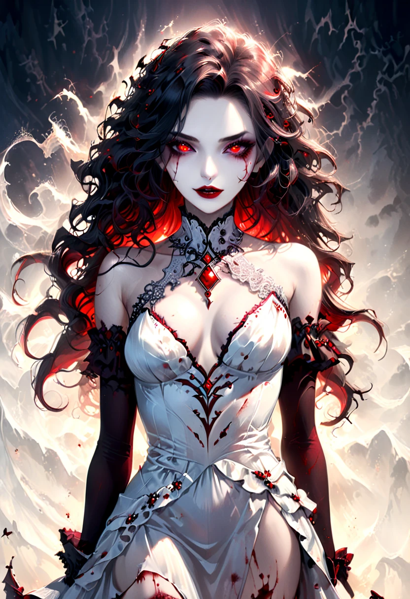 Arafed, dark fantasy art, goth art, a beautiful female vampire wearing a white evening dress stained with blood, an extremely beautiful female vampire, ultra detailed face, black hair, long hair, wavy hair, dark glamour make up, pale skin, red lips, glowing red eyes, visible vampiric fangs, she wears a ((white evening dress: 1.5)), elegant, intricate detailed dress, silk dress, small cleavage, ((dress is decorated with gems: 1.4)), she wears elegant knee high heeled boots, exquisite knee high heeled boots, dynamic background (there are stains of blood on the upper part of the dress: 1.2), Bloodborne