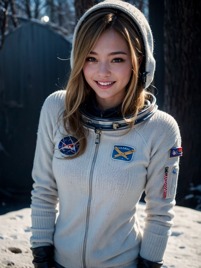 (smile)、(((Staring at the audience)))、((Wearing a space suit standing on the moon)),wear spacesuits, 白いDressed in an astronaut costume, Cute girl in a tank top, girl in space, In space, (((Dressed in an astronaut costume))), woman astronaut, (((Open stance on the moon)))、((Sexy young woman's body:1.4))、(dance)、(((White bikini shorts)))、Large bust、