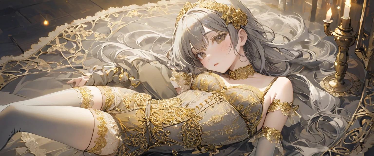 Girls in the Middle Ages、 Gold and silver embroidery、In underwear、Knee-length semi-transparent bloomers(With gold and silver lace)Wearing、Wearing a semi-transparent corset、 Grey translucent tights、Lying down、White Grey Pearl Medieval Long Dress