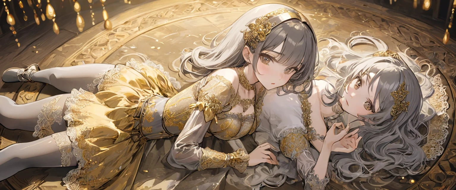 Girls in the Middle Ages、 Gold and silver embroidery、In underwear、Knee-length semi-transparent bloomers(With gold and silver lace)Wearing、Wearing a semi-transparent corset、 Grey translucent tights、Lying down