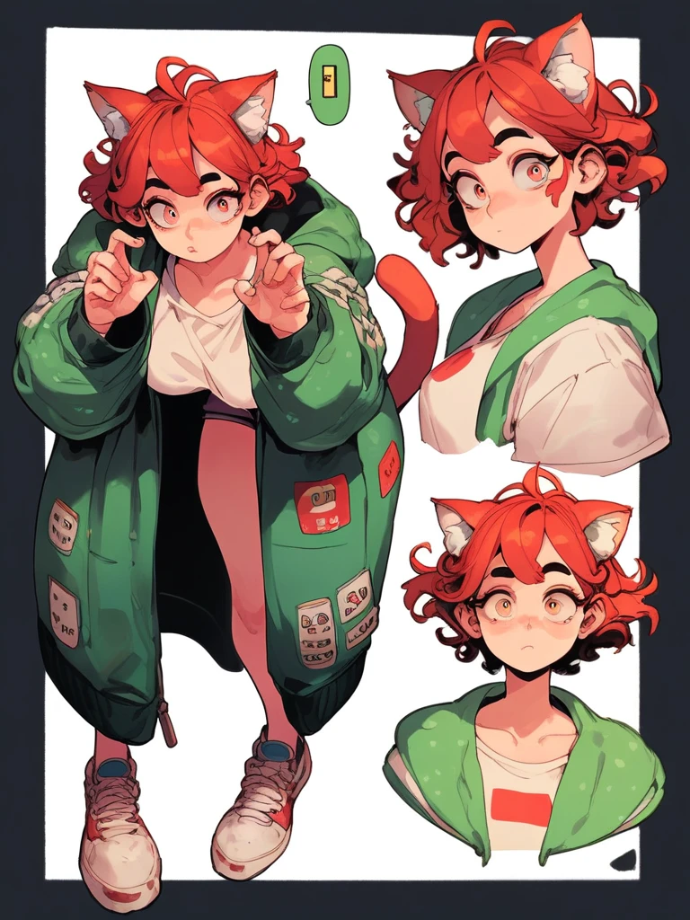 punctuation_9, punctuation_8_High above, punctuation_7_High above, cat girl, oversized coat, eyes black, Red hair, ha, leaning forward, cute pose, breasts small, thick-thighs, ssmile, gazing at viewer, cute, simple black background, dynamic pose, sensuous, reference sheet, 
 CharacterDesignXL 