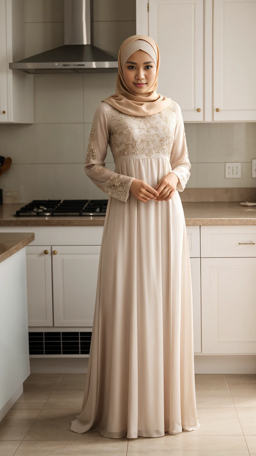 (full shot).RAW, Best quality, high resolution, work: 1.3, beautiful Indonesian man in hijab, perfect hijab, beautiful eyes, cute face, fair skin, shiny lips, serene expression, sweet feminine gesture, full body portrait, watery eyes, man body, flat chest, thin thighs, perfect hand, perfect feet, man in a long dress standing in the kitchen, househusband, modest flowing gown, long sleeved dress, long dress female, wearing a long flowery pleated dress, delicate patterned, full covered dress, long dress, beautiful soft silky dress, beautiful silky dress, beautiful detailed dress, flowing dress, romantic dress, intricate detailed dress, muslim women dress, wearing a long dress, dress covers all body, wearing house slippers, look at viewer, body to viewer, standing femininely, feminine pose, graceful pose, full body portrait, wide background 