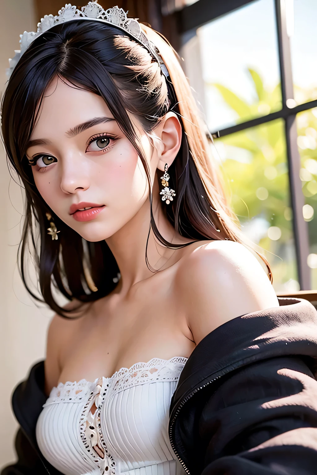 ((best quality)), ((masterpiece)), (detailed), 1girl, off-shoulder jacket, detailed eyes,
