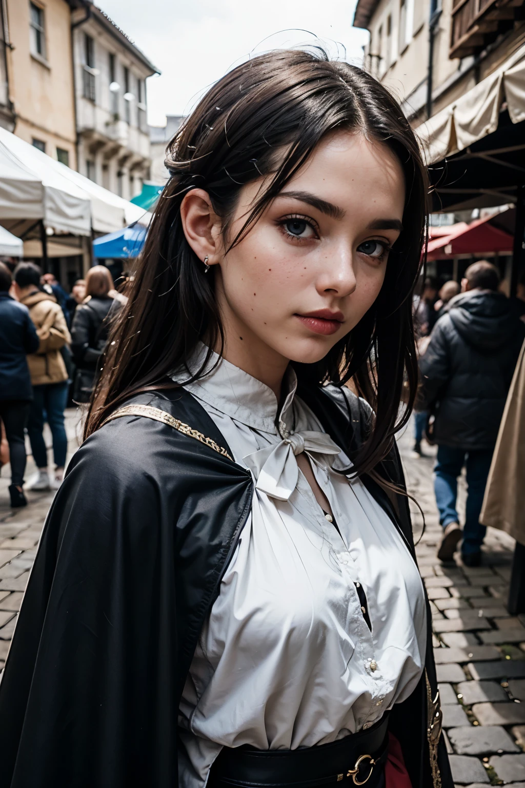 35mm film, solo, updo, makeup, blue eyes, , medieval ((black and silver cape), looking at viewer, epiCPhoto,focus on face, close to viewer, intricate lines, cobbled street, (medieval market), sharp magnificent details, delicate features, elaborate details, beautiful girl, black hair, (long hair) eighteen years old woman, ((upper body)) (Acne), ((natural lighting))