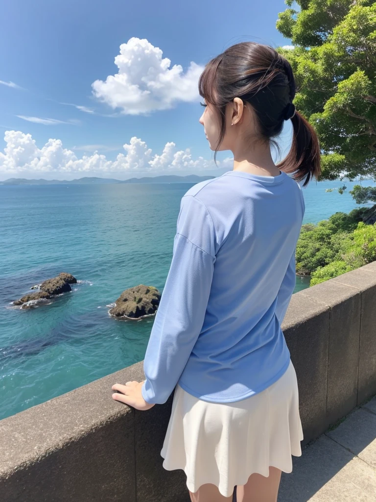 Sea of Japan、sunny、Quiet Sea、(Rear view of one woman:1.4)、T-Shirts、Frilled Skirt、ponytail、Long sleeve、Blue sky、White cloud