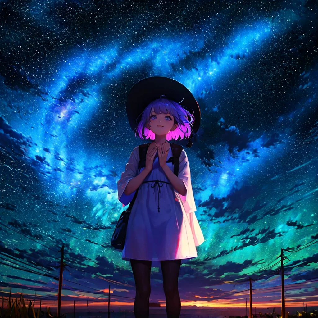 table:1.3), (Highest quality:1.3), High resolution, Kuboi shot, behind,Nice views、(pretty girl:1.3), One, Big smile、Girl Playing Guitar、language、Angel Ring、eight-headed body、A flock of Staretheor、Beautiful cityscape、Colorful starry sky,White Dress、Pretend Dress、squat、Standing model、Crossing your legs、Notice the sparkle in their eyes、yogapose、Purple Hair, (Beaver:1.2), Mixed mesh and light blue、short braid and hair, (Blunt bangs:1.2), Beautiful Hair, Purple eyes, Great eyes、できるだけclose your eyesください、Light from the eyes、close your eyes(1:4)Beautiful attention to detail, Highly detailed eyes、Sparkling eyes,behind、yoga、Colorful starry sky,performer,Iridescent aura around the eyes、Raise your arms, slap、Lie down and stick your hips out、Rainbow Eyes、Narrow your eyes and retract them.,The whole body is covered in a rainbow-colored aura.、 Shadow lighting,Perfect body