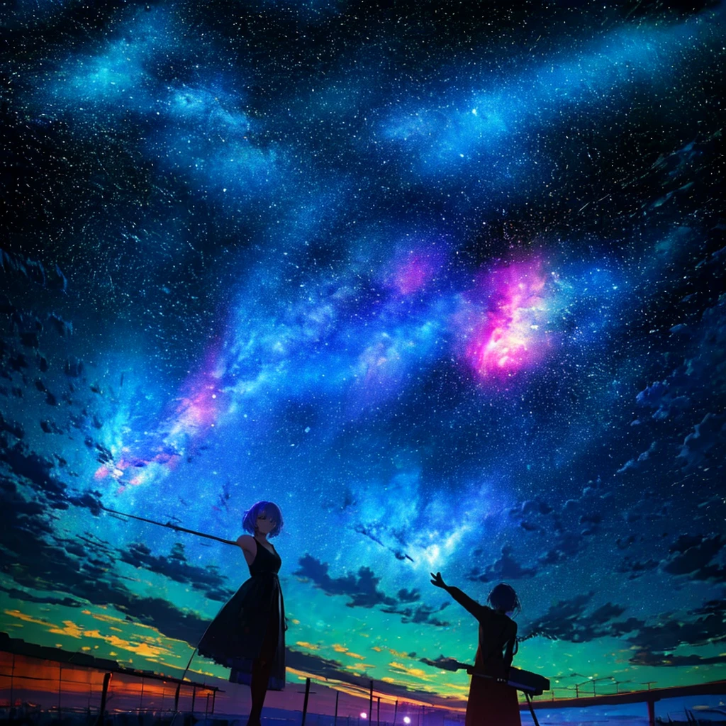 table:1.3), (Highest quality:1.3), High resolution, Kuboi shot, behind,Nice views、(pretty girl:1.3), One, Big smile、Girl Playing Guitar、language、Angel Ring、eight-headed body、A flock of Staretheor、Beautiful cityscape、Colorful starry sky,White Dress、Pretend Dress、squat、Standing model、Crossing your legs、Notice the sparkle in their eyes、yogapose、Purple Hair, (Beaver:1.2), Mixed mesh and light blue、short braid and hair, (Blunt bangs:1.2), Beautiful Hair, Purple eyes, Great eyes、できるだけclose your eyesください、Light from the eyes、close your eyes（1:4）Beautiful attention to detail, Highly detailed eyes、Sparkling eyes,behind、yoga、Colorful starry sky,performer,Iridescent aura around the eyes、Raise your arms, slap、Lie down and stick your hips out、Rainbow Eyes、Narrow your eyes and retract them.,The whole body is covered in a rainbow-colored aura.、 Shadow lighting,Perfect body