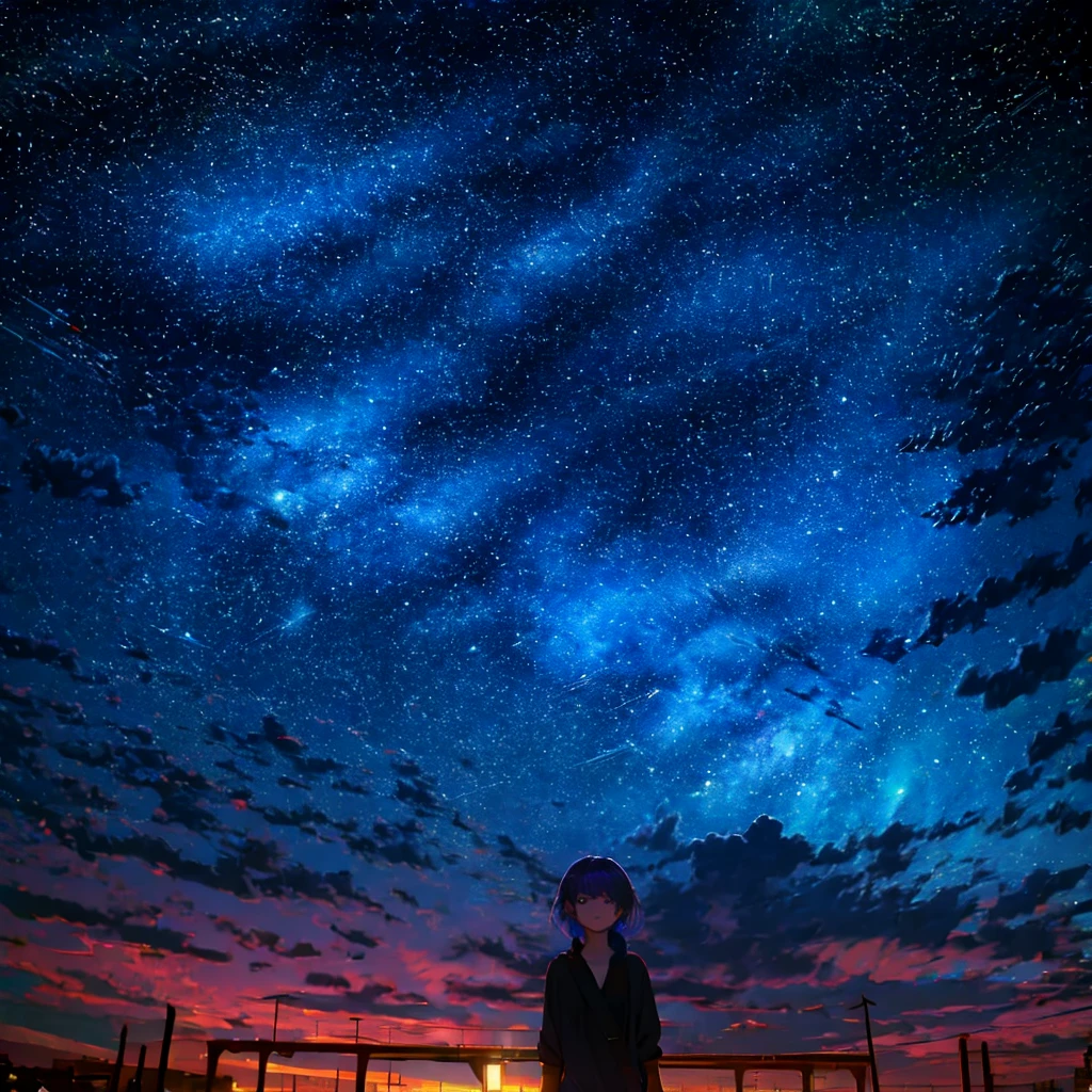table:1.3), (Highest quality:1.3), High resolution, Kuboi shot, behind,Nice views、(pretty girl:1.3), One, Big smile、Girl Playing Guitar、language、Angel Ring、eight-headed body、A flock of Staretheor、Beautiful cityscape、Colorful starry sky,White Dress、Pretend Dress、squat、Standing model、Crossing your legs、Notice the sparkle in their eyes、yogapose、Purple Hair, (Beaver:1.2), Mixed mesh and light blue、short braid and hair, (Blunt bangs:1.2), Beautiful Hair, Purple eyes, Great eyes、できるだけclose your eyesください、Light from the eyes、close your eyes(1:4)Beautiful attention to detail, Highly detailed eyes、Sparkling eyes,behind、yoga、Colorful starry sky,performer,Iridescent aura around the eyes、Raise your arms, slap、Lie down and stick your hips out、Rainbow Eyes、Narrow your eyes and retract them.,The whole body is covered in a rainbow-colored aura.、 Shadow lighting,Perfect body
