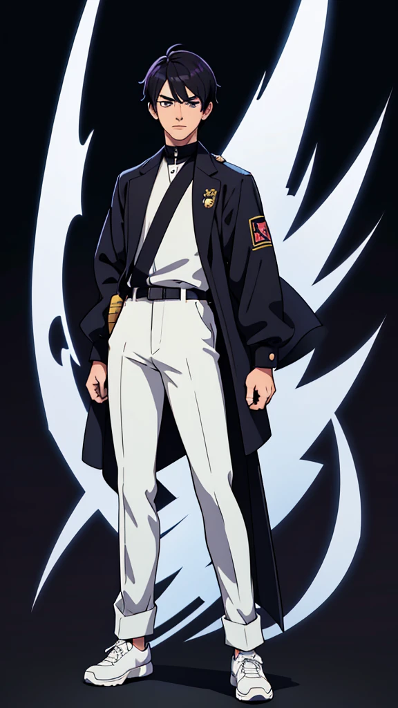 anime, anime style art, masterpiece, best quality, highres, 1 man, Baro Shoei blue lock, shcool uniform, normal clothing, black shirt, white pants black hair, short hair, extreamly short haair, teenager, light background, full body, teenager, colorful parts, bold, realistic mixing dark lines and loose lines, bold lines, on paper, human man, purple eyes, full body, imposing pose, very tall, stylish outfit, dark theme, standing, male, sharp chin, wide jaw, white background, defined eyes, ultra detail eyes, very muscular ,broad shoulders, big shoulders, black white uniform, front view, standing straight, facing towards, looking straight, looking forward, full face, clean eyes, detailed eyes, hyper realistic eyes, masculine, oval face, calm, humble, man, male, masculine, full body uniform, clear face, detailed face, full body, focused on body, facing forward, looking forward, 1 person, 1 entity focus, standing normally, holding nothing