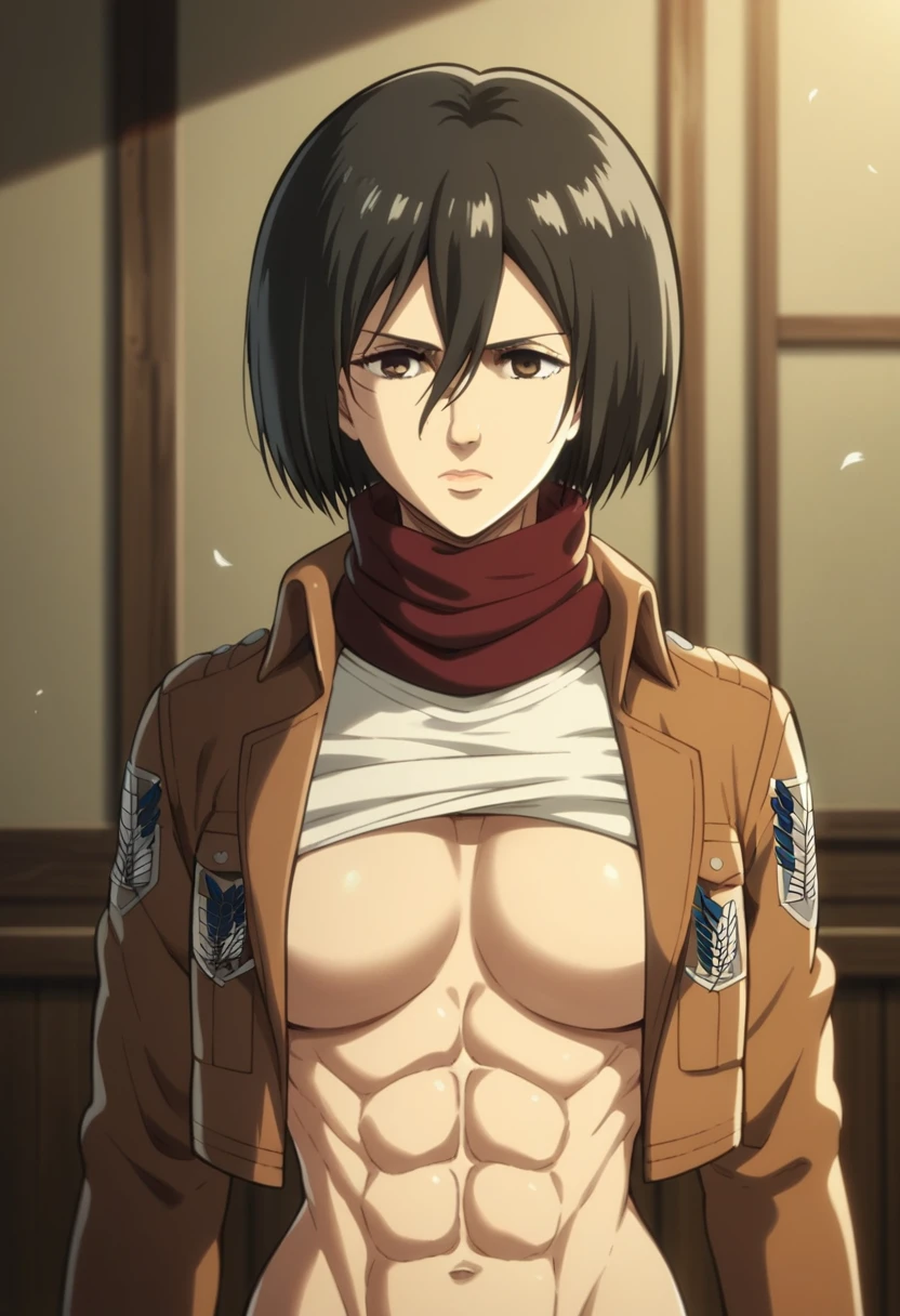 1girl, solo, short hair, bangs, shirt, black hair, hair between eyes, brown eyes, closed mouth, jacket, white shirt, upper body, , scarf, open jacket, lips, wind, red scarf, brown jacket, nose, emblem, paradis military uniform, survey corps (emblem), mikasa ackerman, room, upper body, navel, abs, shirt lift, breasts, hand on stomach, hands on own stomach, bouncing breasts, nipples, looking down, blush, side, on side, grey eyes
