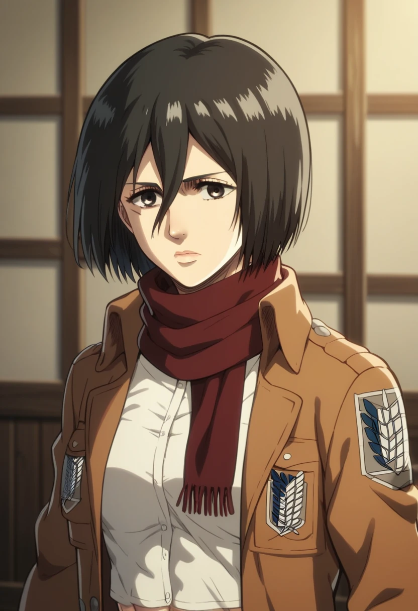 1girl, solo, looking at viewer, short hair, bangs, shirt, black hair, hair between eyes, brown eyes, closed mouth, jacket, white shirt, upper body, , scarf, open jacket, lips, wind, red scarf, brown jacket, nose, emblem, paradis military uniform, survey corps (emblem), mikasa ackerman, room, upper body, navel, abs, shirt lift