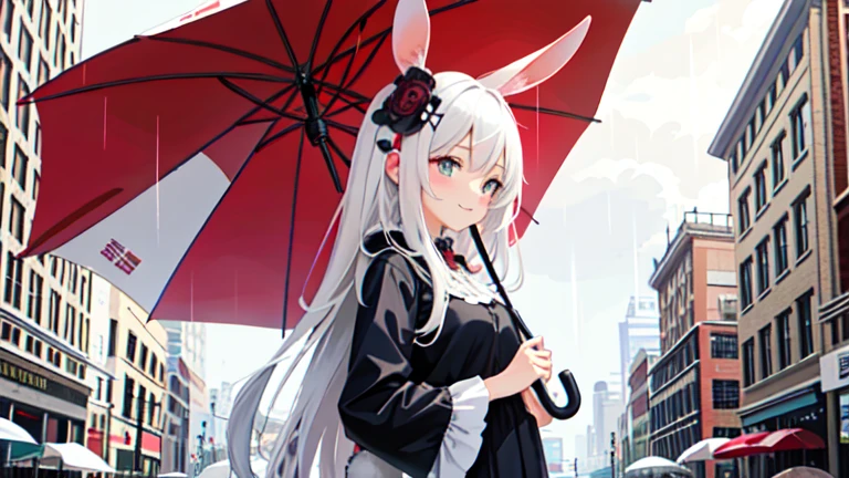(masterpiece), best quality, high resolution, extremely detailed, detailed background, This is a cute girl digital art, 1girl, rabbit ear, flower, long hair, white hair color, solo, smile, hair flower, hair ornament, bangs, city, rain, raining , umbrella, holding umbrella, looking away, looking up, 