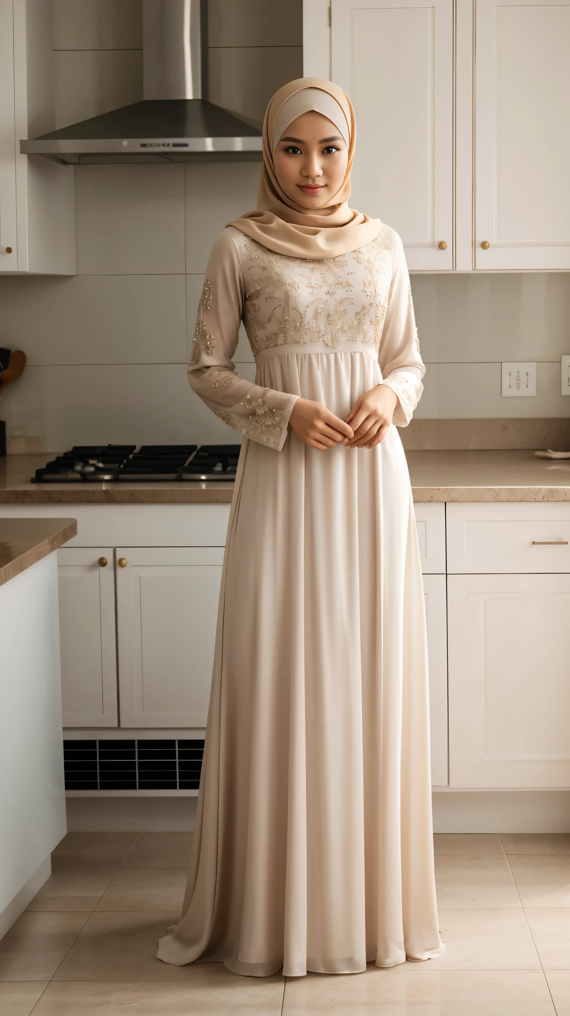 A  boy with fair skin crossdressing as a woman wearing a perfect hijab, perfect Muslim woman's dress, long sleeved and long skirted, and woman's Sandals standing in the kitchen with feminine pose and cute expression, body facing to the camera.