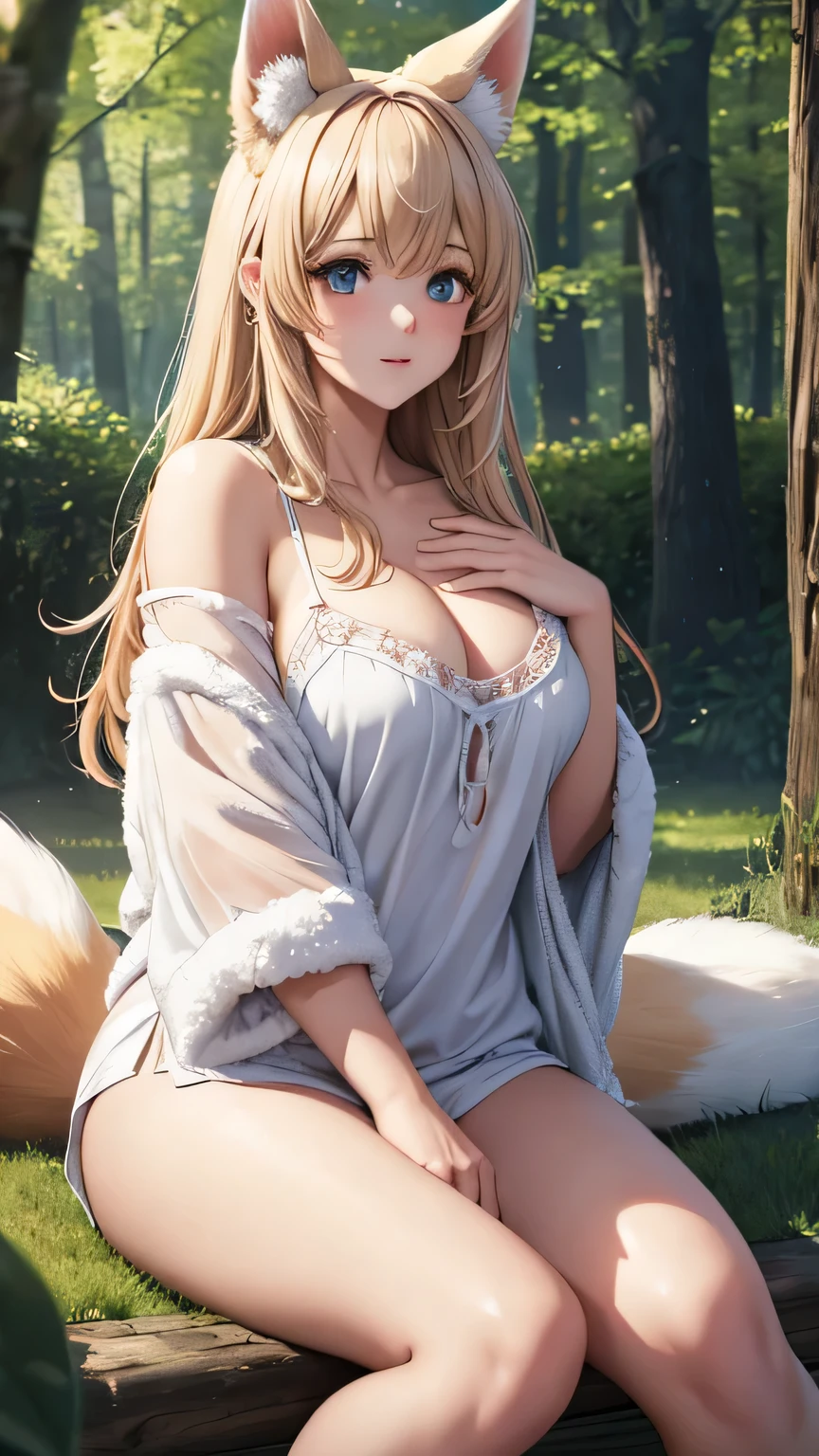 A professional high-quality photo, in 4K resolution, captures in realistic detail a charming girl in a fluffy white pajama with ears and foxtail. She is sitting in the middle of an enchanted forest, where every element is portrayed to perfection. The textures of the pajamas, ears and tail are sharp and palpable. Sunlight falls on the leaves and gently illuminates the girl's face, highlighting each delicate and charming expression