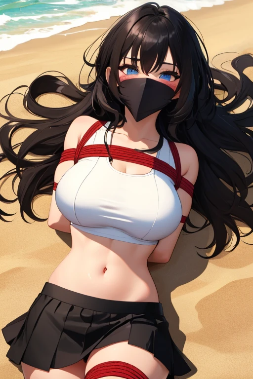 1 girl, detailed blue eyes, lange wimpern, detailed beautiful face, (Long black hair:1.4), (arms behind back:1.6), gefesselte Arme, Red rope, blushing, (Big boobs:1.2), (White crop top, black skirt:1.5), OTN, Gag, gagged, shibari, laying at a beach, liegend im wasser, nah aufnahmen, von vorne