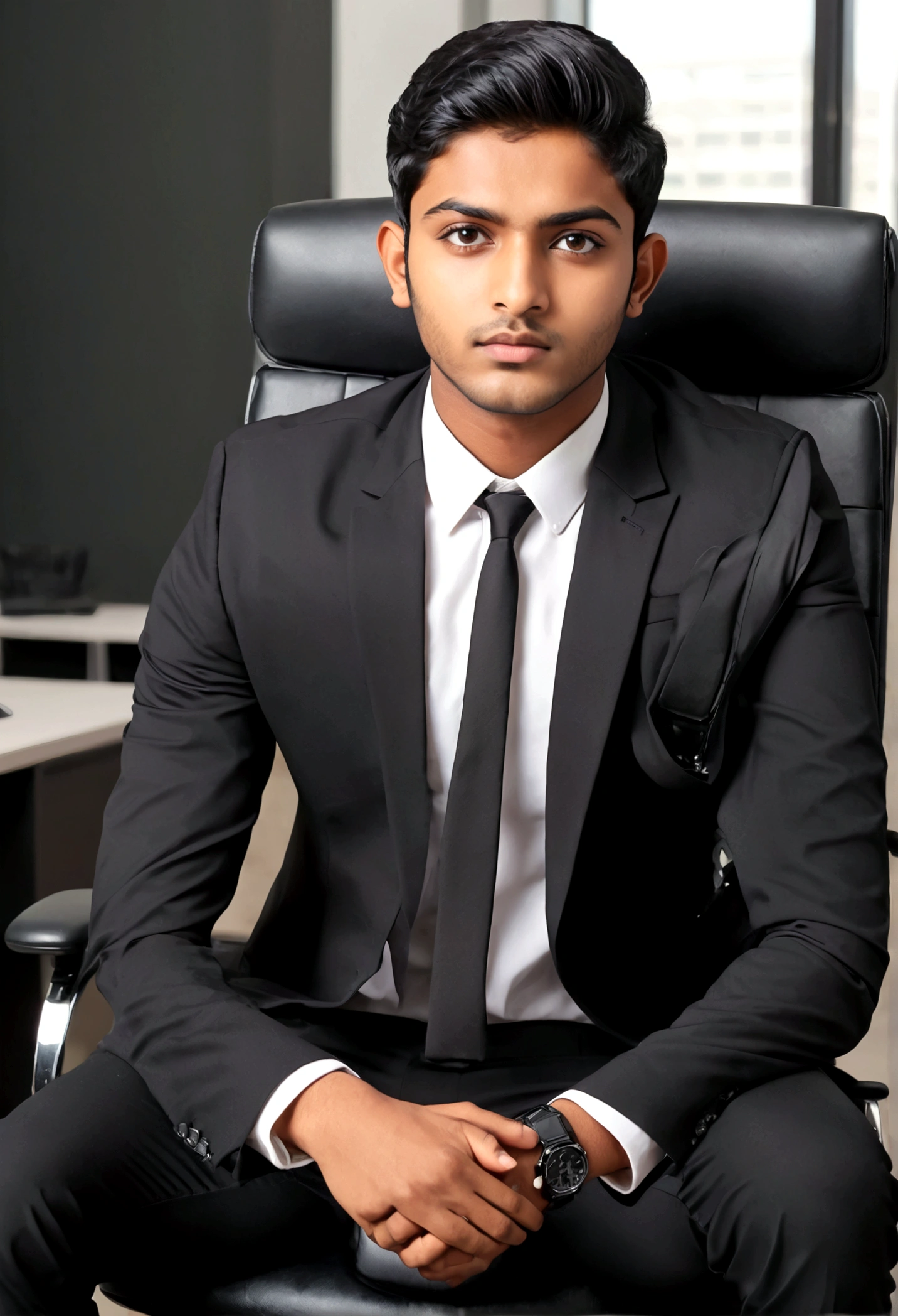 a 21 years old Indian bihari man, honey skin, short black hair, wearing black suit & pant, sitting on black office chair, image fill, best quality, 1080P, HD, 16k, super detail