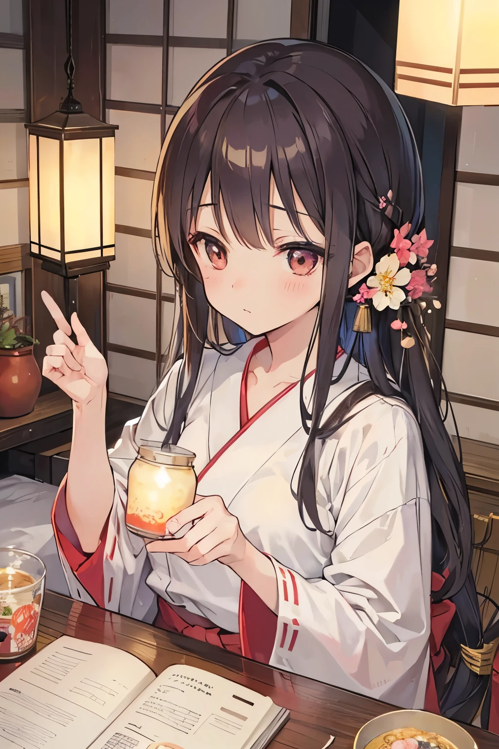 (masterpiece, best quality),warm colors, soft colors,
(detailed eyes, detailed hair, detailed face),
((good old days, memories, nostalgic, peaceful)),
japanese traditional house,
1girl, agers, cute,
summer vacations, overwhelmed with homework, hot, sweat, half open eyes, sleepy, tired, flower jar, loose clothes, in the home, (dim room), sunset,
wind bell, mosquito coil, paper lanterns, earphones, (long shot),